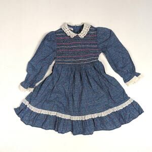 Vtg Polly Flinders Dress Girls Sz 4T Blue Smocked Floral Calico Holiday Party